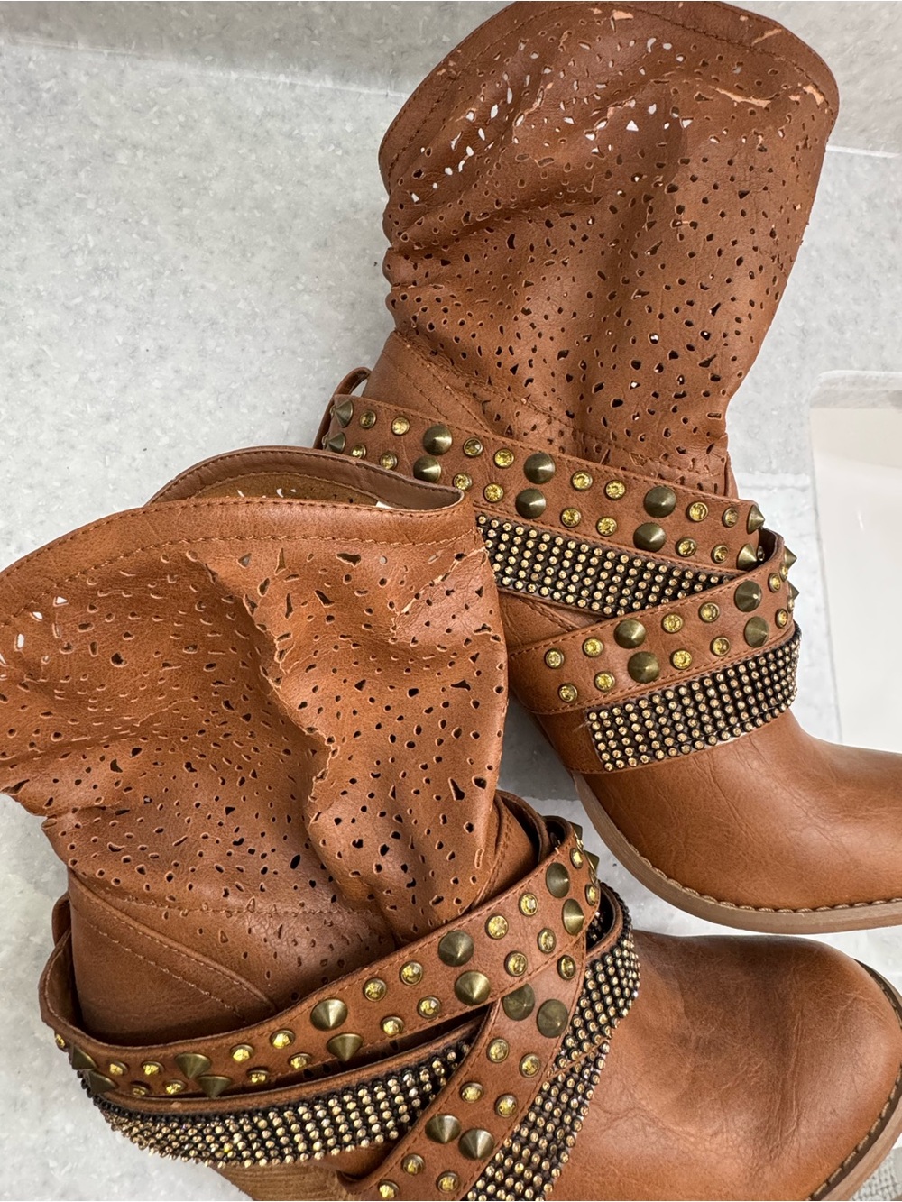 Not Rated Brown Perforated Studded Ankle Boots